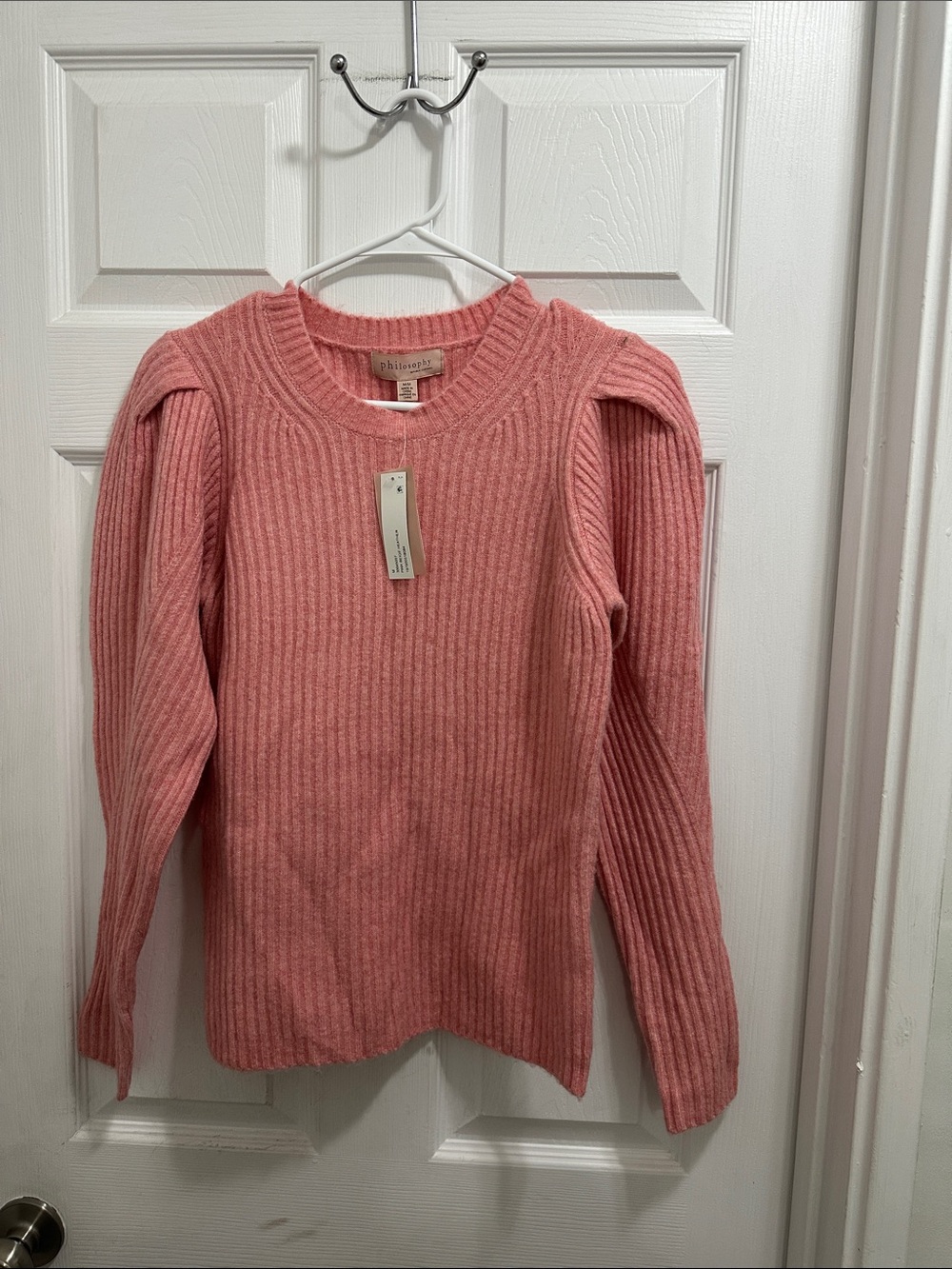 Philosophy Coral Pink Ribbed Puff-Shoulder Sweater